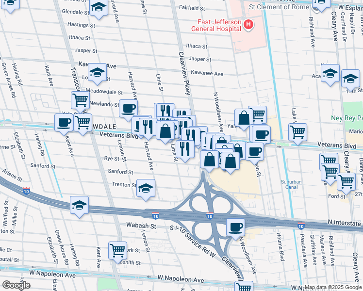map of restaurants, bars, coffee shops, grocery stores, and more near 4640 Veterans Memorial Boulevard in Metairie