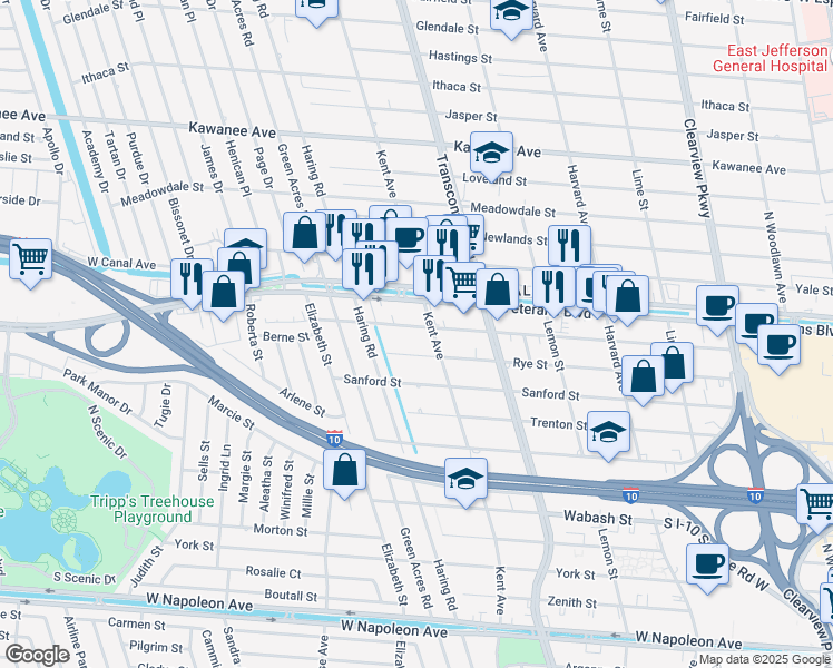 map of restaurants, bars, coffee shops, grocery stores, and more near 5220 Quincy Street in Metairie