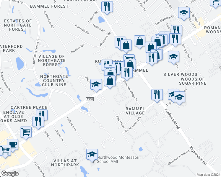 map of restaurants, bars, coffee shops, grocery stores, and more near 2507 Cypress Creek Parkway in Houston