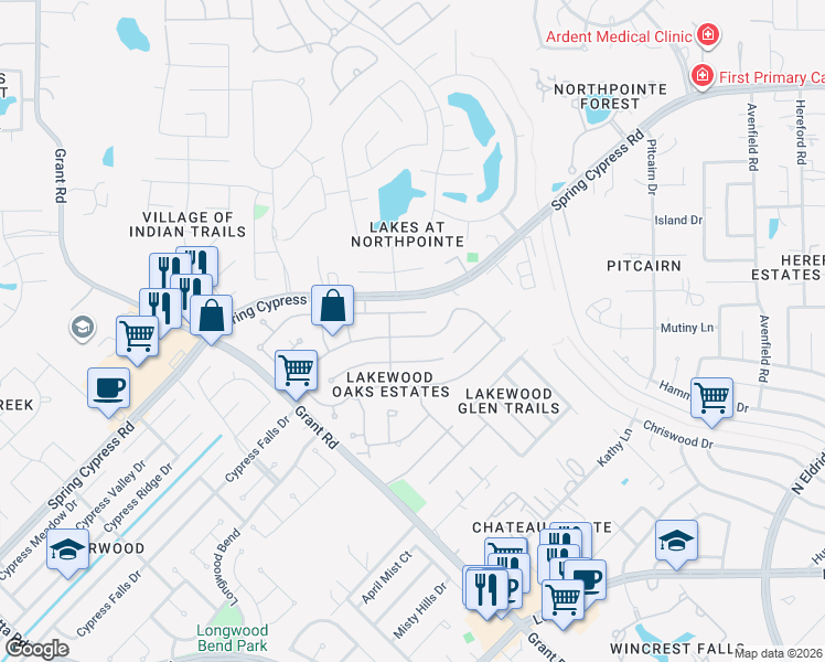 map of restaurants, bars, coffee shops, grocery stores, and more near 13510 Copeland Oaks Boulevard in Cypress