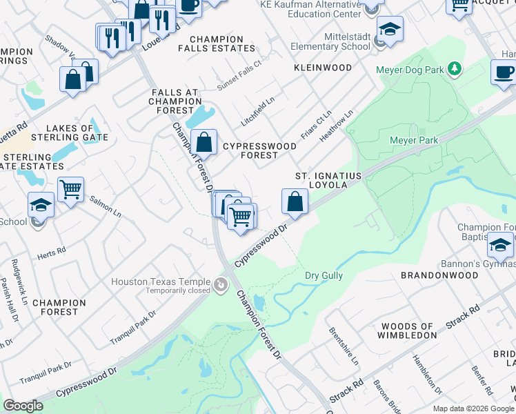 map of restaurants, bars, coffee shops, grocery stores, and more near 8102 Landau Park Lane in Spring