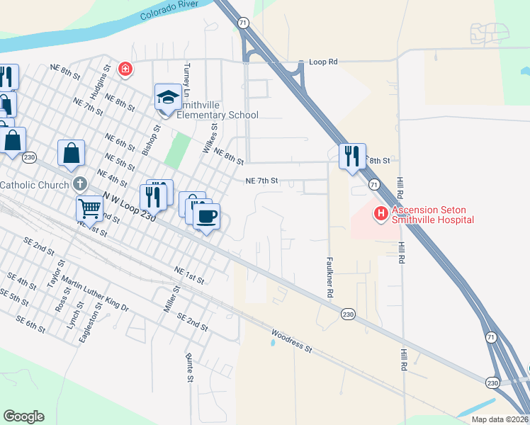 map of restaurants, bars, coffee shops, grocery stores, and more near 111 Callie Street in Smithville