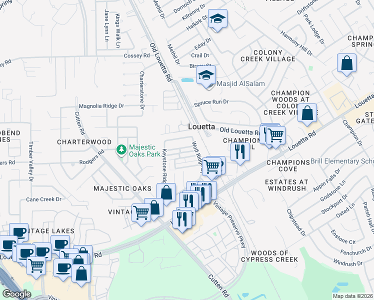 map of restaurants, bars, coffee shops, grocery stores, and more near 9131 Monarch Mist Lane in Houston