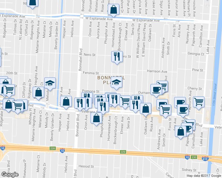 map of restaurants, bars, coffee shops, grocery stores, and more near 908 Homestead Avenue in Metairie