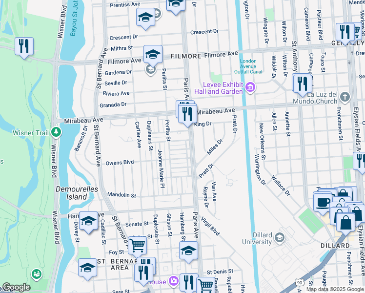 map of restaurants, bars, coffee shops, grocery stores, and more near 1533 Paula Street in New Orleans
