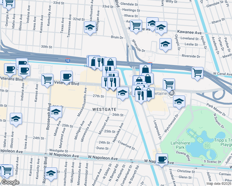 map of restaurants, bars, coffee shops, grocery stores, and more near 2730 Montana Avenue in Metairie