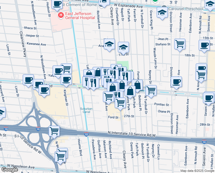map of restaurants, bars, coffee shops, grocery stores, and more near 3941 Veterans Boulevard in Metairie