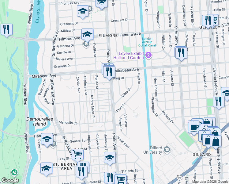 map of restaurants, bars, coffee shops, grocery stores, and more near 4726 Overton Drive in New Orleans