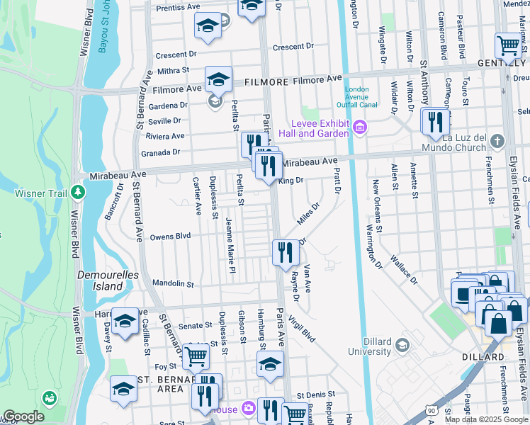 map of restaurants, bars, coffee shops, grocery stores, and more near 1533 Paula Street in New Orleans