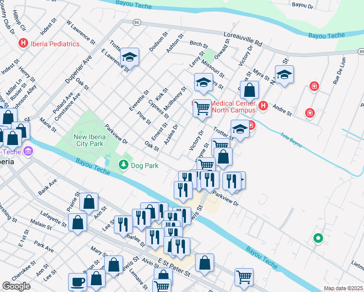 map of restaurants, bars, coffee shops, grocery stores, and more near 306 400 Street in New Iberia