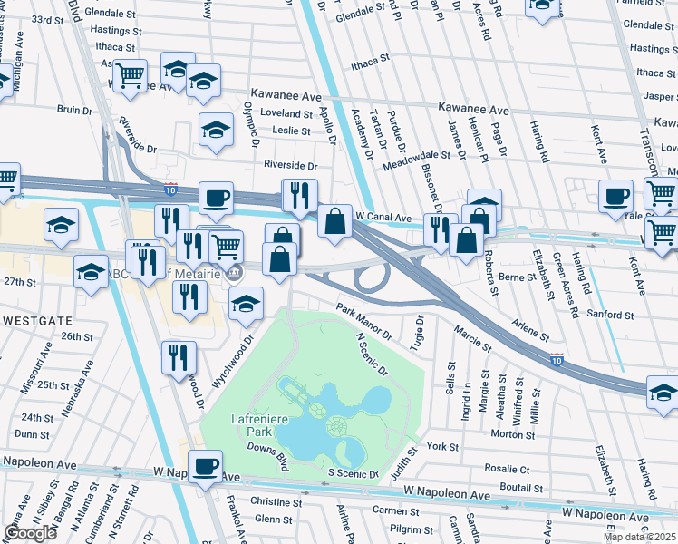 map of restaurants, bars, coffee shops, grocery stores, and more near 6590 Veterans Boulevard in Metairie