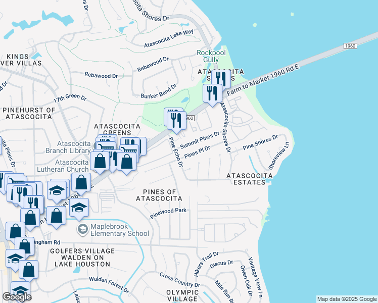 map of restaurants, bars, coffee shops, grocery stores, and more near 8619 Pines Place Drive in Humble