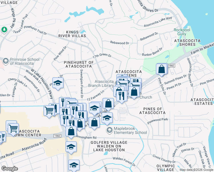 map of restaurants, bars, coffee shops, grocery stores, and more near 7914 12 Fairway Lane in Humble