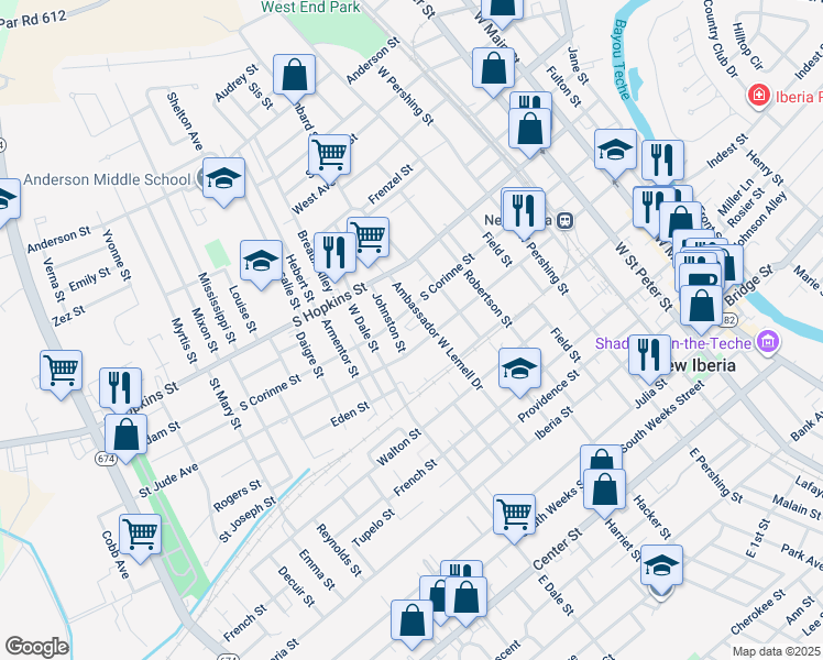 map of restaurants, bars, coffee shops, grocery stores, and more near 400 Johnston Street in New Iberia