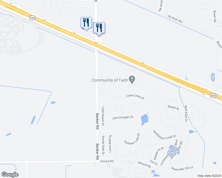 map of restaurants, bars, coffee shops, grocery stores, and more near 16510 Winchester Grove Lane in Cypress