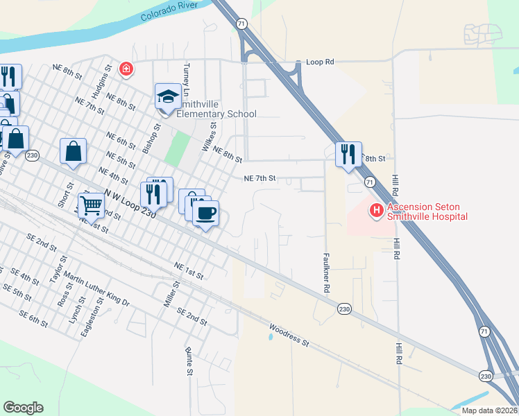 map of restaurants, bars, coffee shops, grocery stores, and more near 111 Callie Street in Smithville