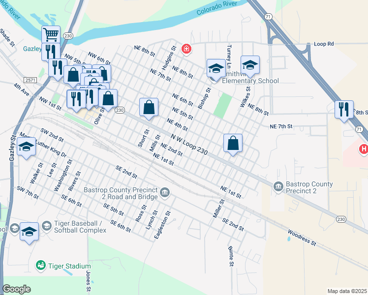 map of restaurants, bars, coffee shops, grocery stores, and more near 200 Bishop Street in Smithville