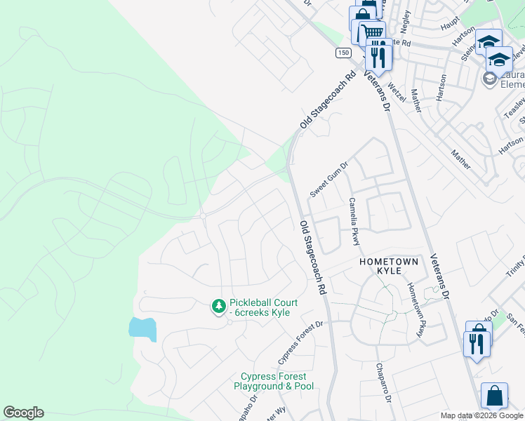 map of restaurants, bars, coffee shops, grocery stores, and more near 188 Silver Pass in Kyle
