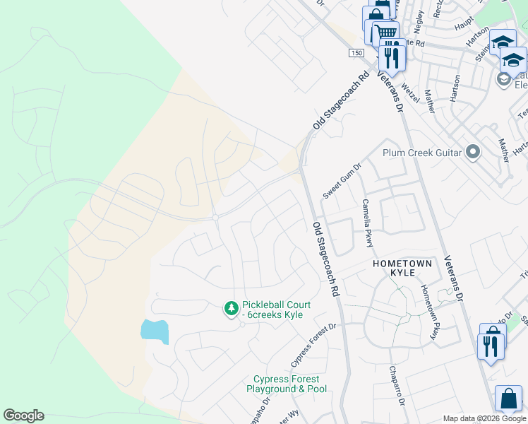 map of restaurants, bars, coffee shops, grocery stores, and more near 361 Coyote Creek Way in Kyle
