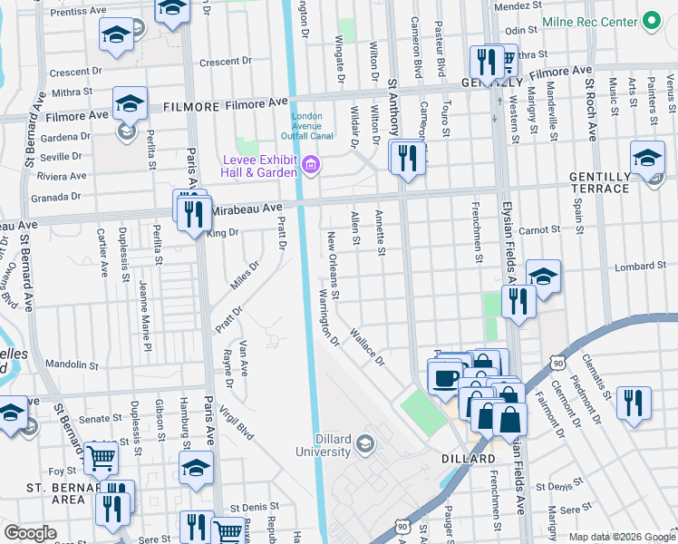 map of restaurants, bars, coffee shops, grocery stores, and more near 4533 New Orleans Street in New Orleans