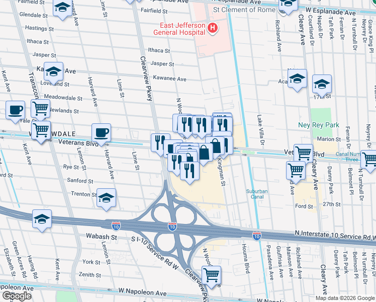 map of restaurants, bars, coffee shops, grocery stores, and more near 4410 Veterans Memorial Blvd in Metairie