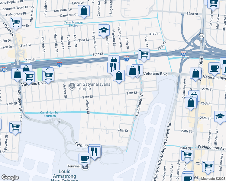 map of restaurants, bars, coffee shops, grocery stores, and more near 2708 Helena Street in Kenner