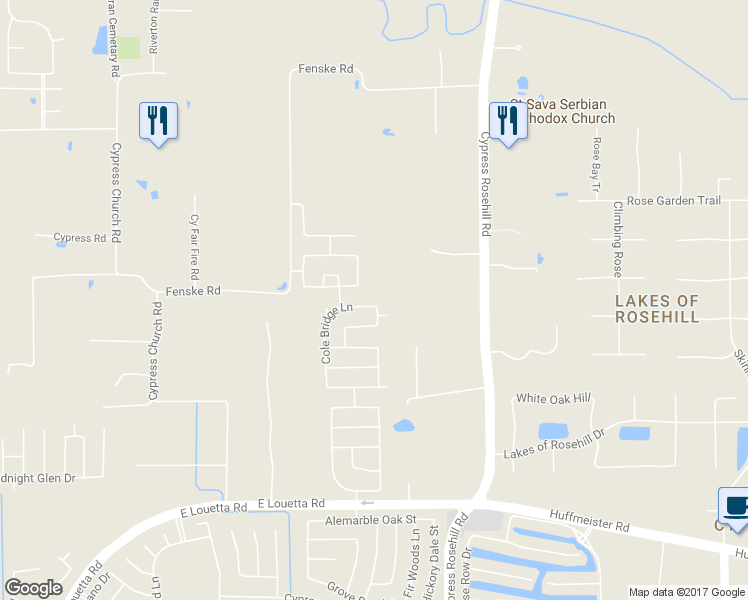map of restaurants, bars, coffee shops, grocery stores, and more near 16339 Cole Bridge Lane in Cypress