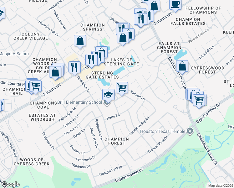 map of restaurants, bars, coffee shops, grocery stores, and more near 16267 Salmon Lane in Spring
