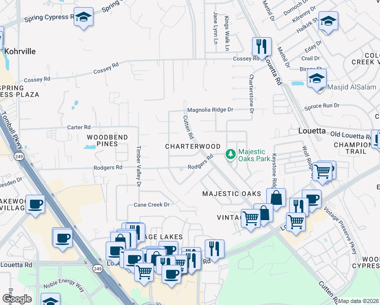 map of restaurants, bars, coffee shops, grocery stores, and more near 9710 Sundew Drive in Houston