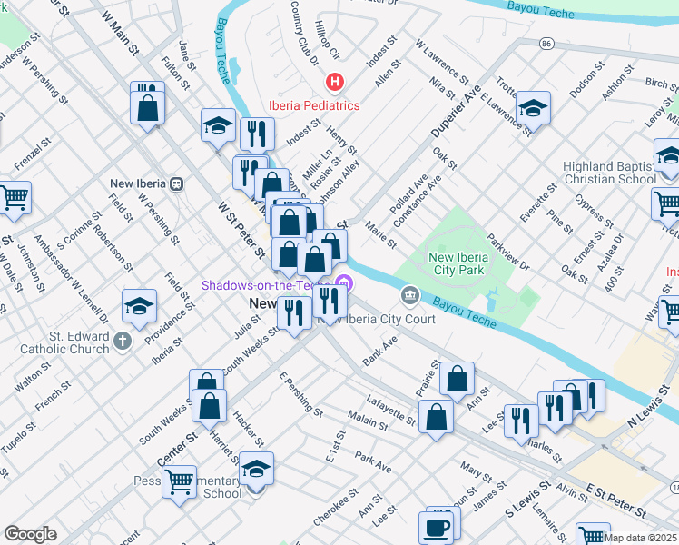 map of restaurants, bars, coffee shops, grocery stores, and more near 223 East Main Street in New Iberia