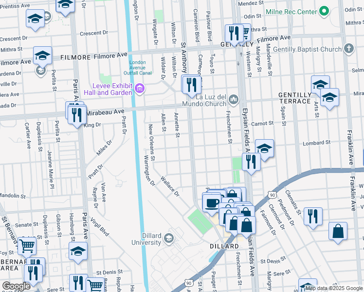 map of restaurants, bars, coffee shops, grocery stores, and more near 4532 Annette Street in New Orleans