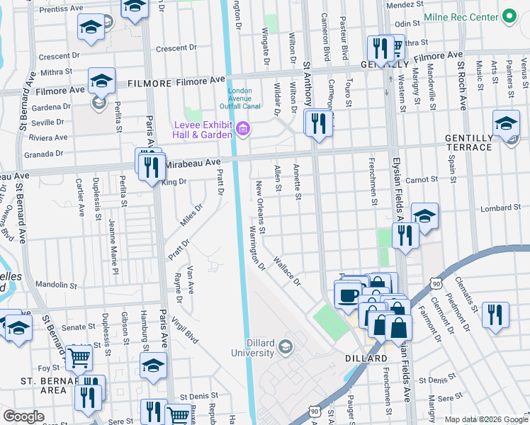 map of restaurants, bars, coffee shops, grocery stores, and more near 4533 New Orleans Street in New Orleans