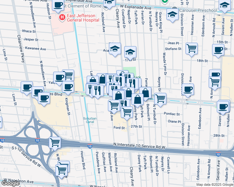 map of restaurants, bars, coffee shops, grocery stores, and more near 3941 Veterans Boulevard in Metairie