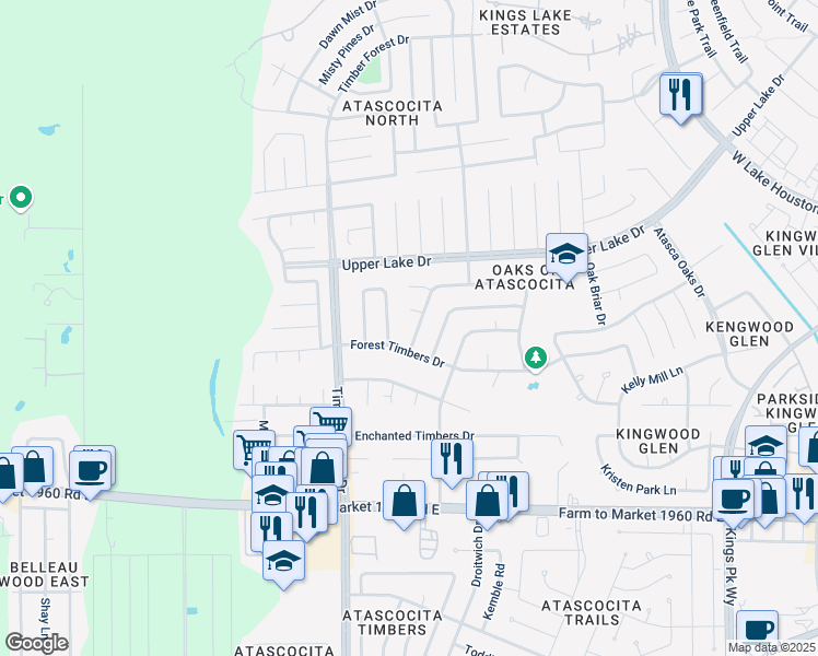 map of restaurants, bars, coffee shops, grocery stores, and more near 19506 Spoonwood Drive in Humble