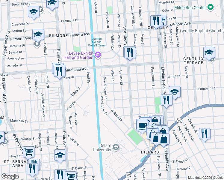 map of restaurants, bars, coffee shops, grocery stores, and more near 4606 Allen Street in New Orleans