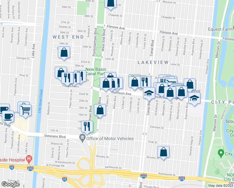 map of restaurants, bars, coffee shops, grocery stores, and more near 300 Harrison Avenue in New Orleans