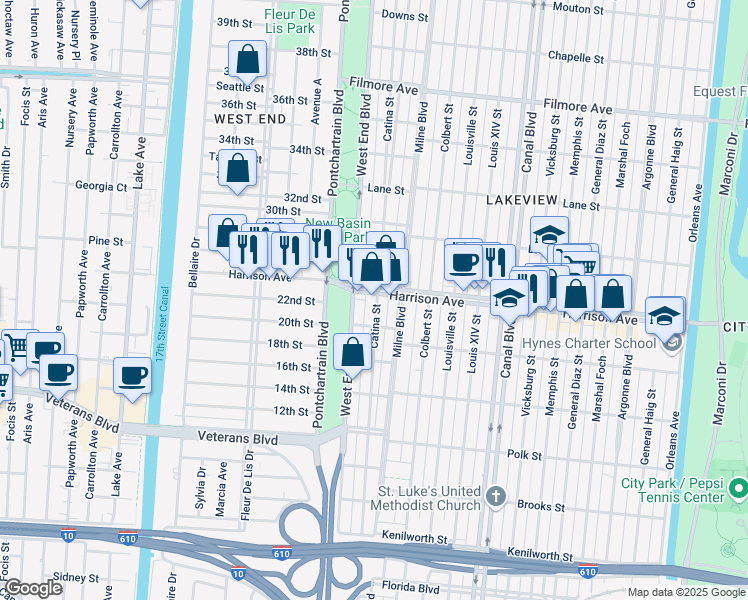map of restaurants, bars, coffee shops, grocery stores, and more near 6222 Catina Street in New Orleans