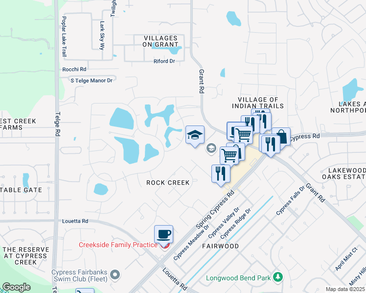 map of restaurants, bars, coffee shops, grocery stores, and more near 14118 Bluebonnet Bend in Cypress