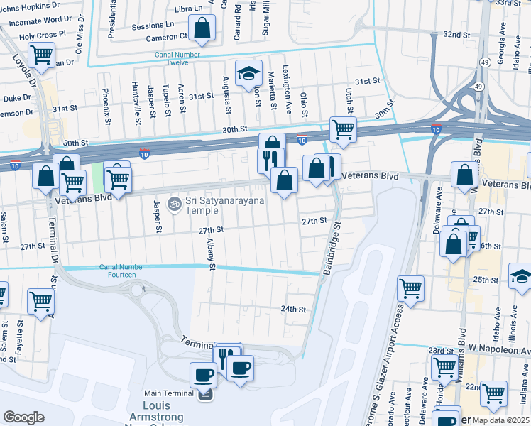 map of restaurants, bars, coffee shops, grocery stores, and more near 2708 Helena Street in Kenner