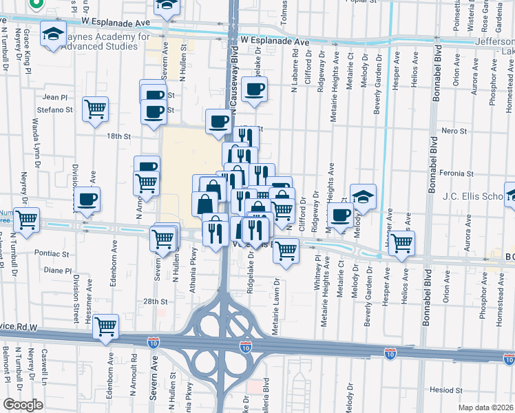 map of restaurants, bars, coffee shops, grocery stores, and more near 2901 Ridgelake Drive in Metairie