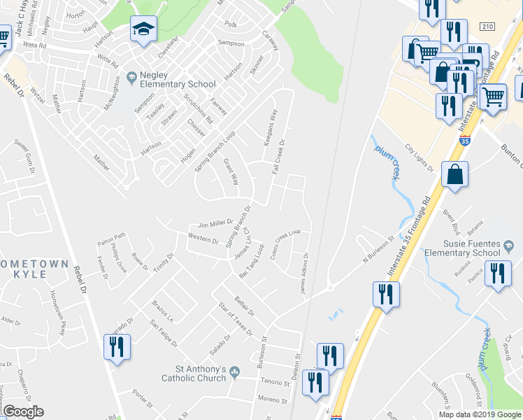 map of restaurants, bars, coffee shops, grocery stores, and more near 148 Fall Creek Drive in Kyle