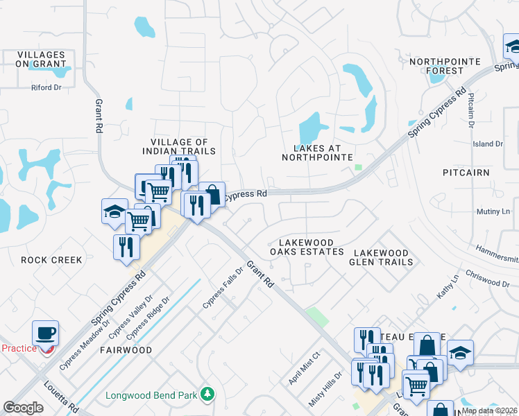 map of restaurants, bars, coffee shops, grocery stores, and more near 13906 Oak Spring Road in Cypress