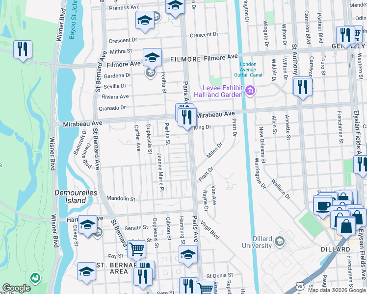 map of restaurants, bars, coffee shops, grocery stores, and more near 1533 Paula Street in New Orleans