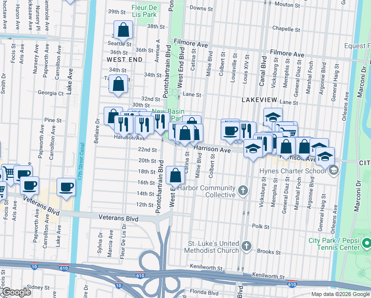 map of restaurants, bars, coffee shops, grocery stores, and more near 6222 Catina Street in New Orleans
