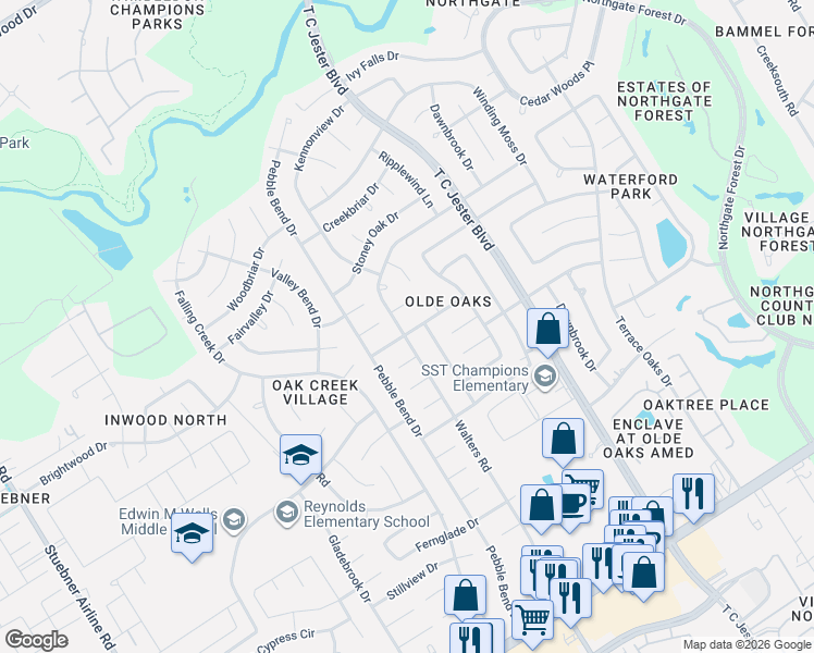 map of restaurants, bars, coffee shops, grocery stores, and more near 15303 Walters Road in Houston
