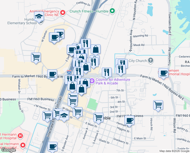map of restaurants, bars, coffee shops, grocery stores, and more near 202 Farm to Market 1960 Bypass in Humble
