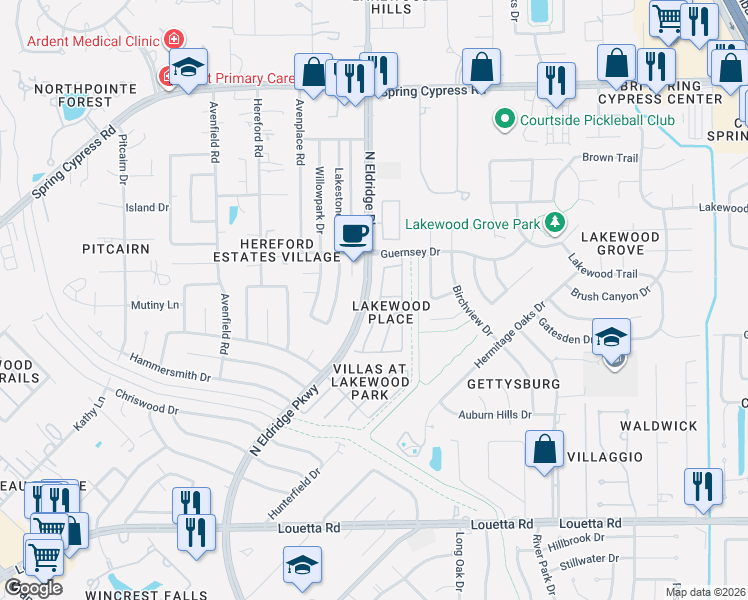 map of restaurants, bars, coffee shops, grocery stores, and more near 16041 Summerville Lake Drive in Tomball