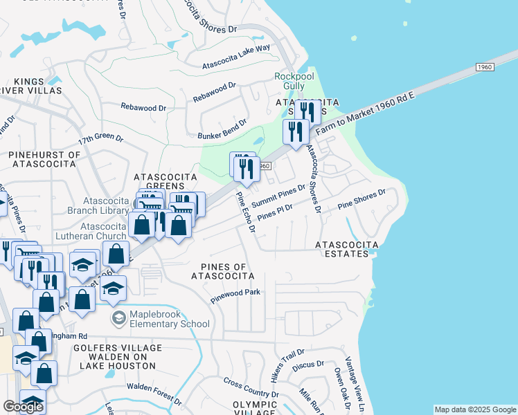 map of restaurants, bars, coffee shops, grocery stores, and more near 8614 Summit Pines Drive in Humble