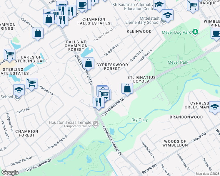 map of restaurants, bars, coffee shops, grocery stores, and more near 8102 Landau Park Lane in Spring