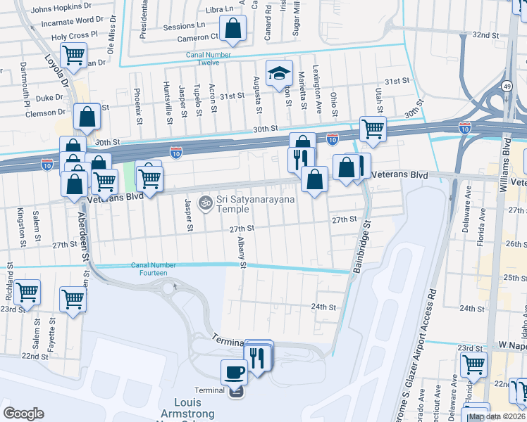 map of restaurants, bars, coffee shops, grocery stores, and more near 2717 Augusta Street in Kenner